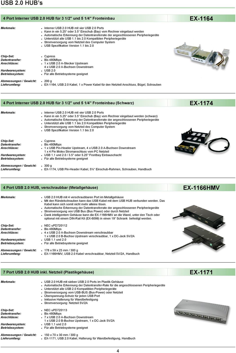 0 Kompatiblen Peripheriegeräte Stromversorgung vom Netzteil des Computer System USB Spezifikation Version 1.1 bis 2.0 Cypress 1 x USB 2.0 A-Stecker Upstream 4 x USB 2.0 A-Buchsen Downstream USB 2.
