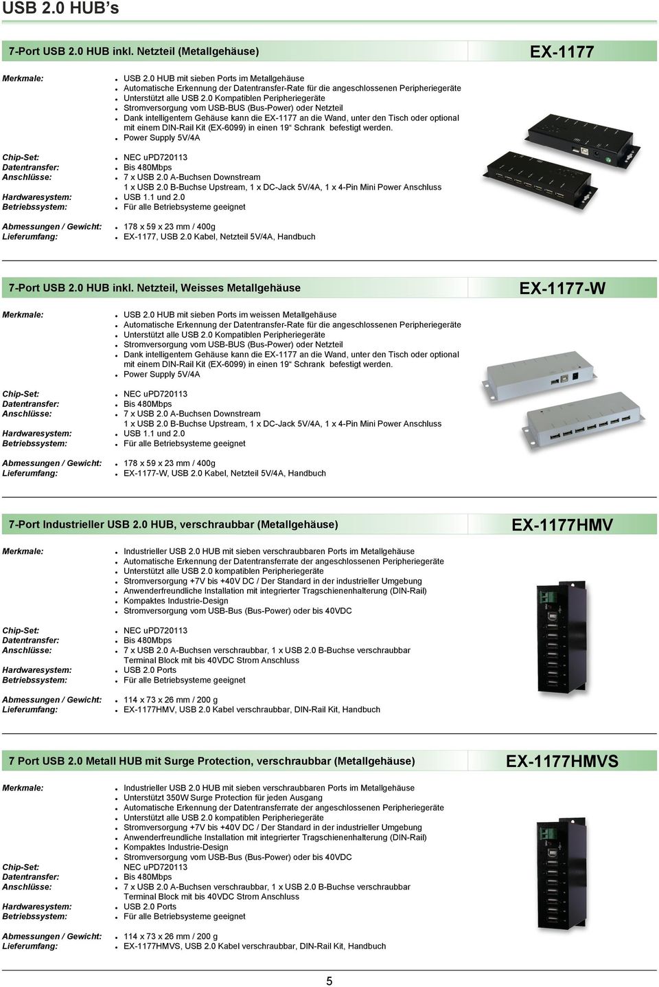 0 Kompatiblen Peripheriegeräte Stromversorgung vom USB-BUS (Bus-Power) oder Netzteil Dank intelligentem Gehäuse kann die EX-1177 an die Wand, unter den Tisch oder optional mit einem DIN-Rail Kit
