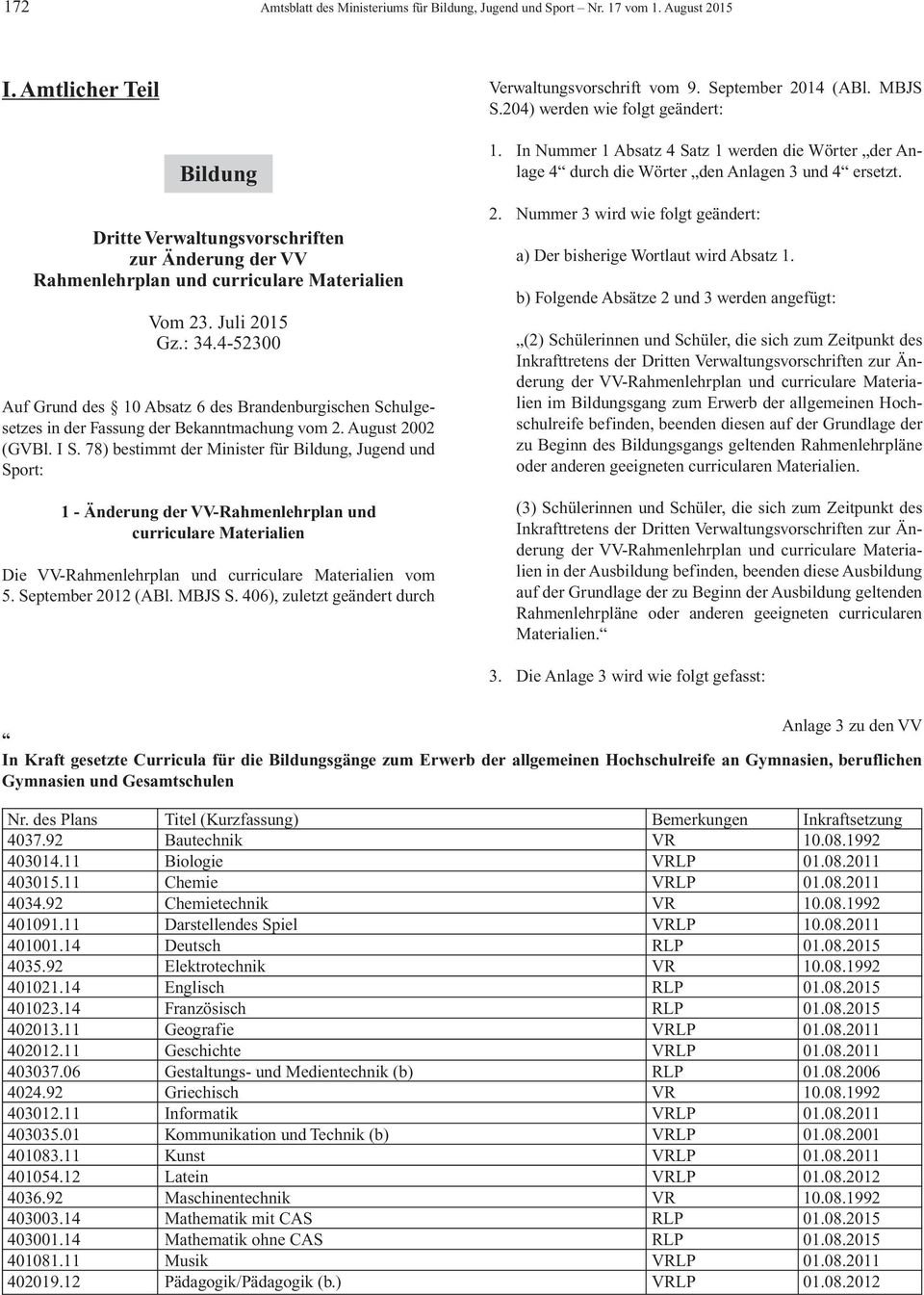 4-52300 Auf Grund des 10 Absatz 6 des Brandenburgischen Schulgesetzes in der Fassung der Bekanntmachung vom 2. August 2002 (GVBl. I S.