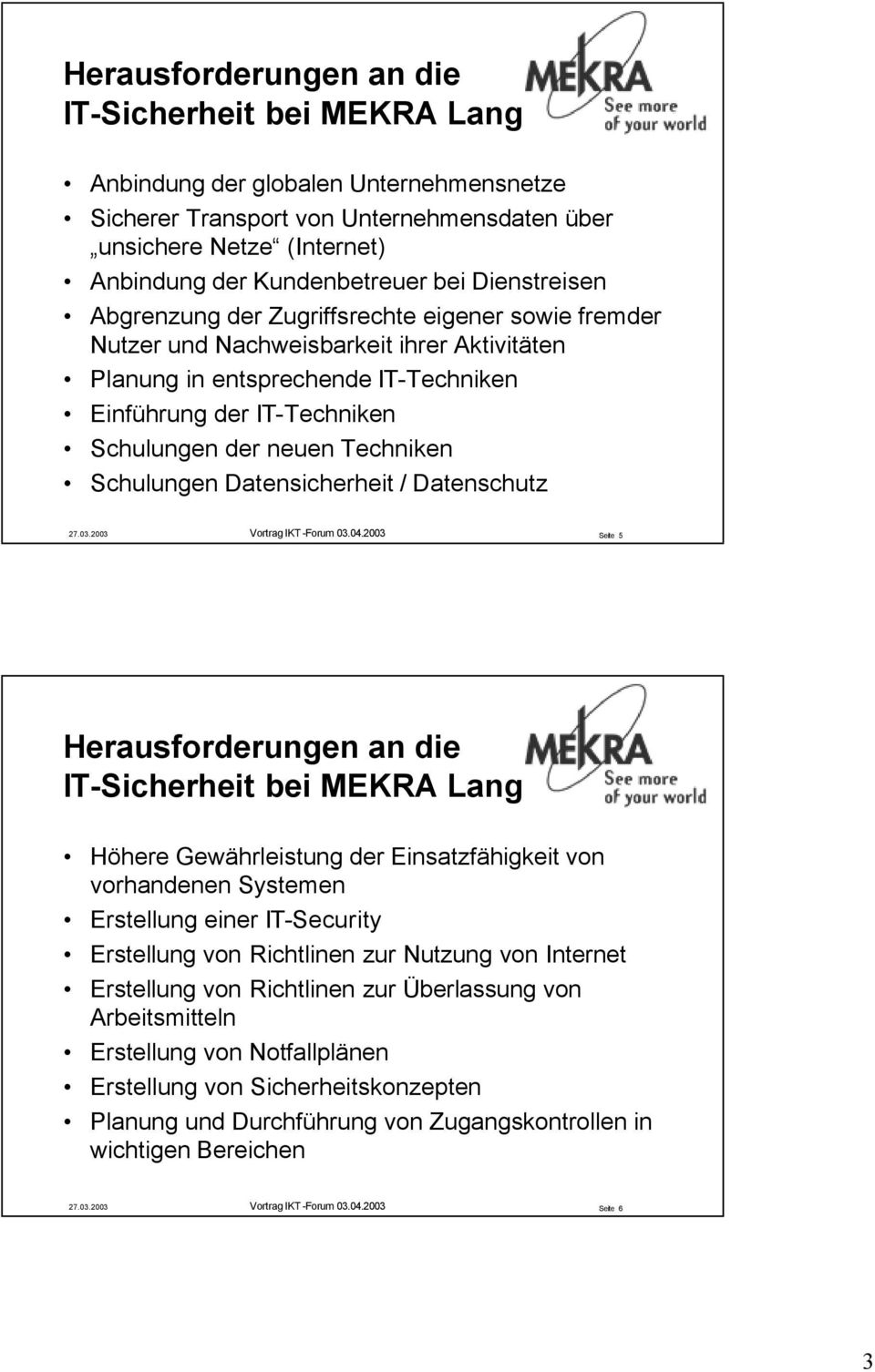 neuen Techniken Schulungen Datensicherheit / Datenschutz 27.03.2003 Vortrag IKT-Forum 03.04.