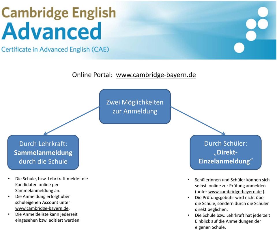 Lehrkraft meldet die Kandidaten online per Sammelanmeldung an. Die Anmeldung erfolgt über schuleigenen Account unter www.cambridge bayern.de. Die Anmeldeliste kann jederzeit eingesehen bzw.