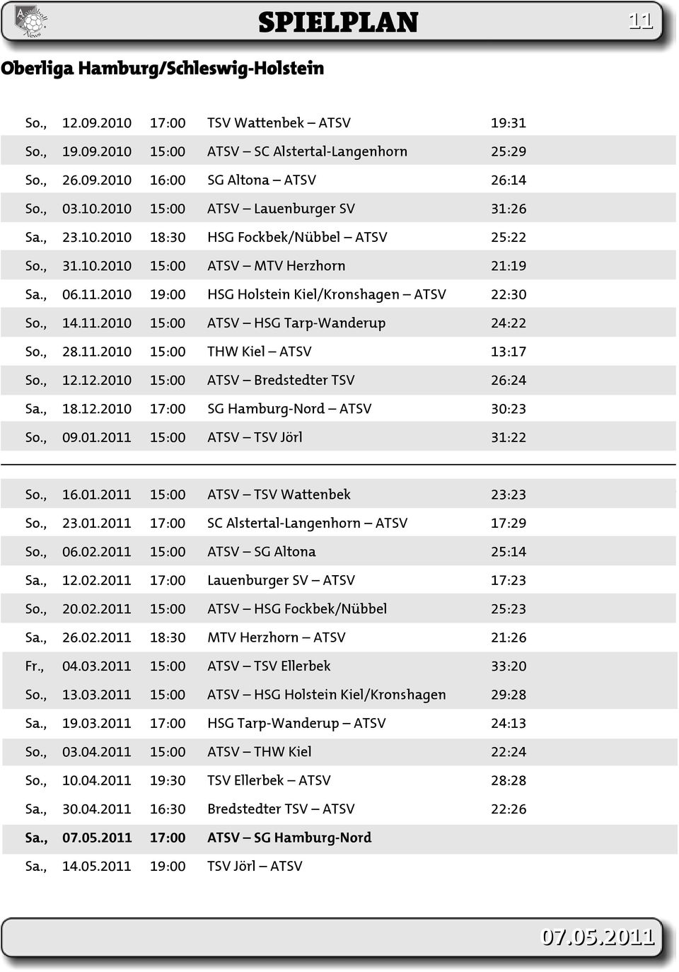 2010 19:00 HSG Holstein Kiel/Kronshagen ATSV 22:30 So., 14.11.2010 15:00 ATSV HSG Tarp-Wanderup 24:22 So., 28.11.2010 15:00 THW Kiel ATSV 13:17 So., 12.12.2010 15:00 ATSV Bredstedter TSV 26:24 Sa.