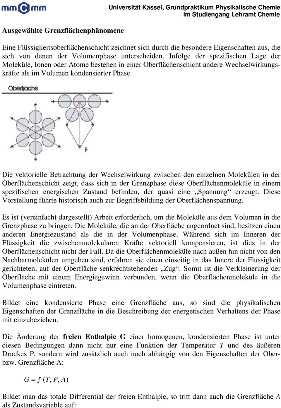 Die vektorielle Betrachtung der Wechselwirkung zwischen den einzelnen Molekülen in der Oberflächenschicht zeigt, dass sich in der Grenzphase diese Oberflächenmoleküle in einem spezifischen