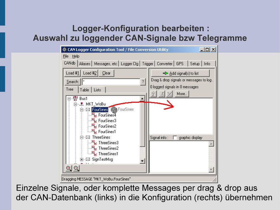 Signale, oder komplette Messages per drag & drop aus