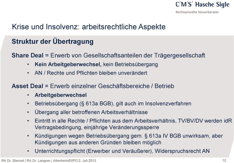 Arbeitsverhältnisse Eintritt in alle Rechte / Pflichten aus dem Arbeitsverhältnis, TV/BV/DV werden idr Vertragsbedingung, einjährige Veränderungssperre Kündigungen wegen Betriebsübergang gem.