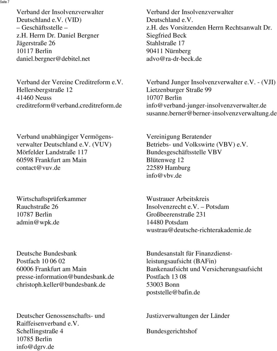 v. - (VJI) Lietzenburger Straße 99 10707 Berlin info@verband-junger-insolvenzverwalter.de susanne.berner@berner-insolvenzverwaltung.de Verband unabhängiger Vermögensverwalter Deutschland e.v. (VUV) Mörfelder Landstraße 117 60598 Frankfurt am Main contact@vuv.
