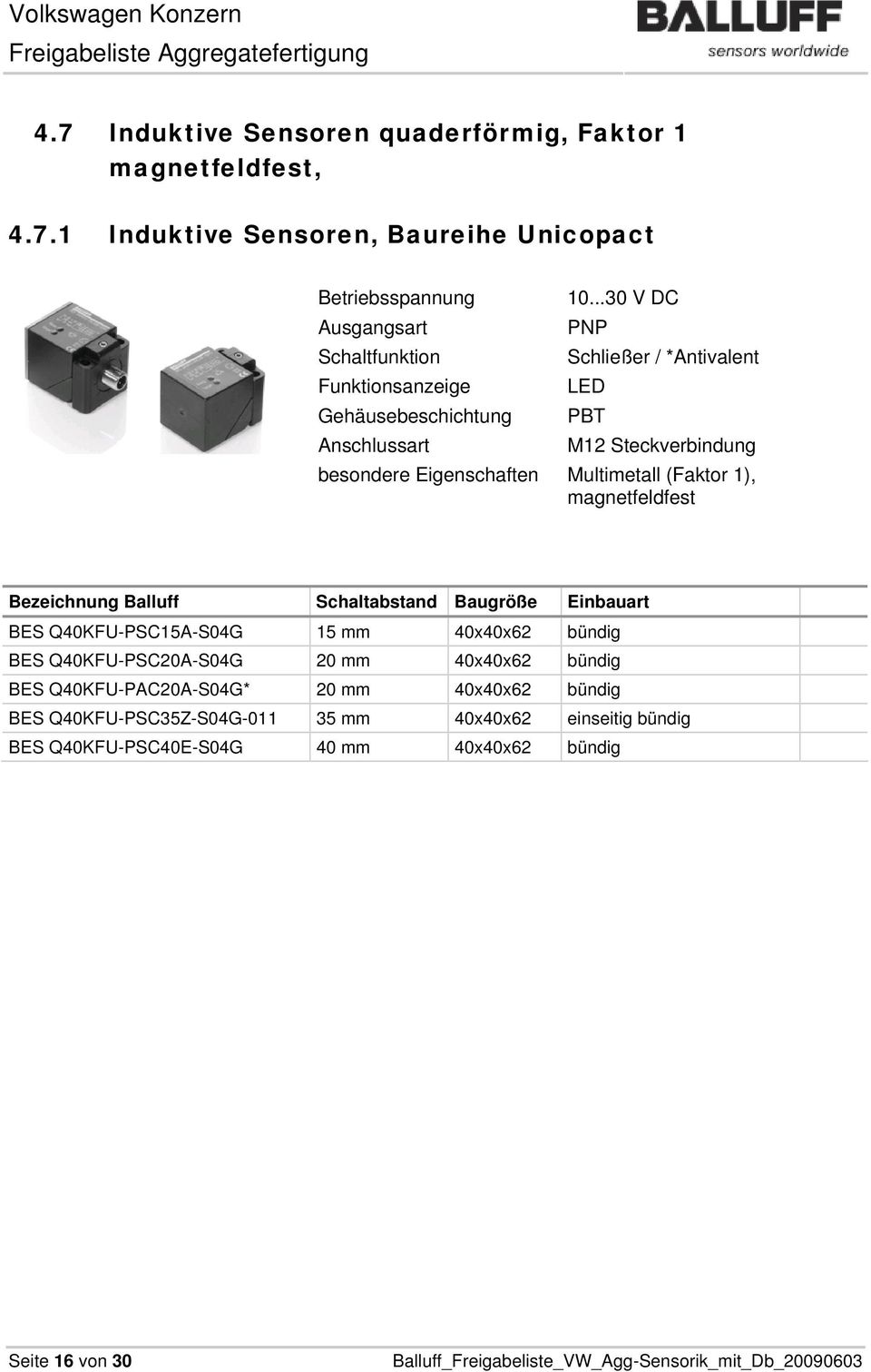 Baugröße Einbauart BES Q40KFU-PSC15A-S04G 15 mm 40x40x62 bündig BES Q40KFU-PSC20A-S04G 20 mm 40x40x62 bündig BES Q40KFU-PAC20A-S04G* 20 mm 40x40x62 bündig BES