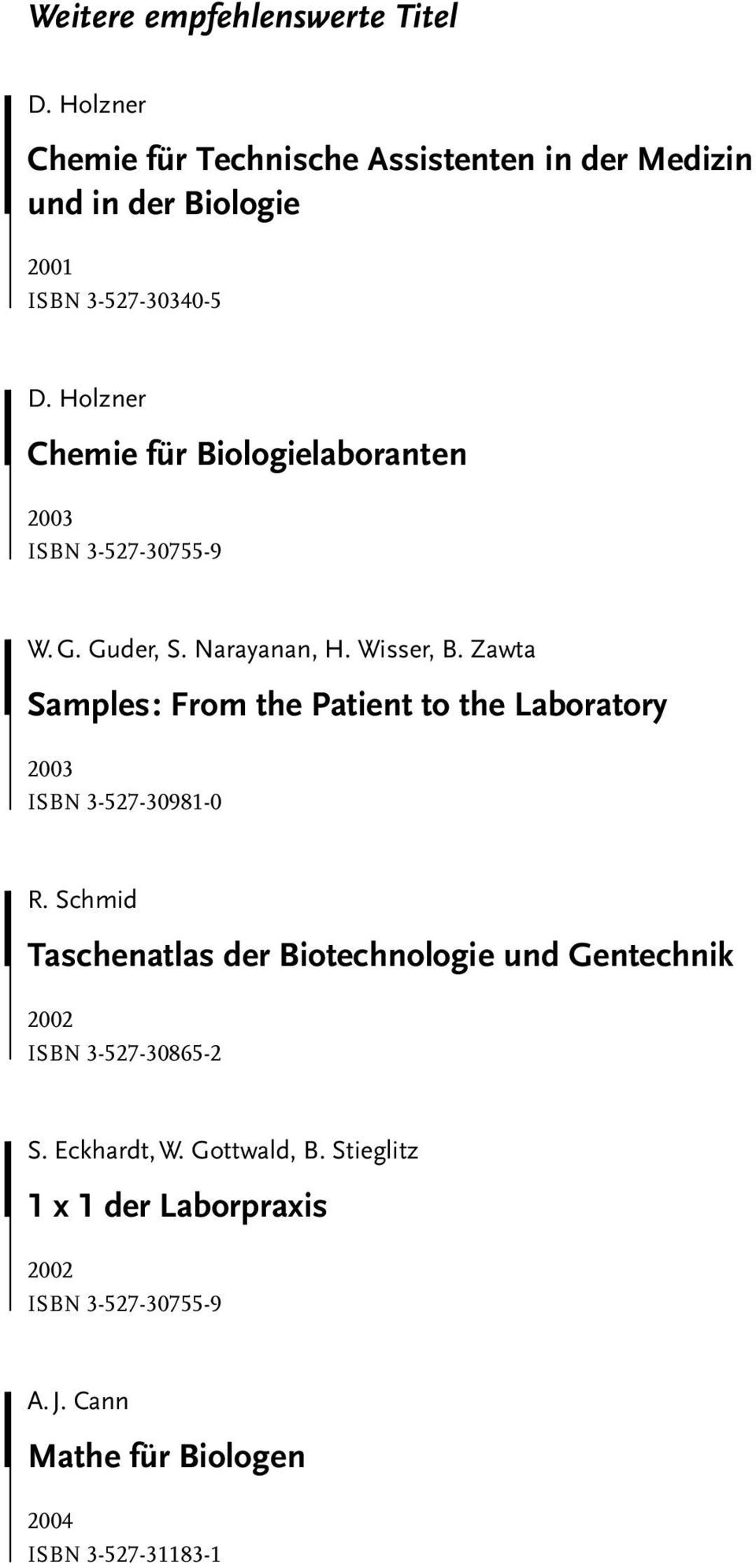 Holzner Chemie für Biologielaboranten 2003 ISBN 3-527-30755-9 W.G. Guder, S. Narayanan, H. Wisser, B.