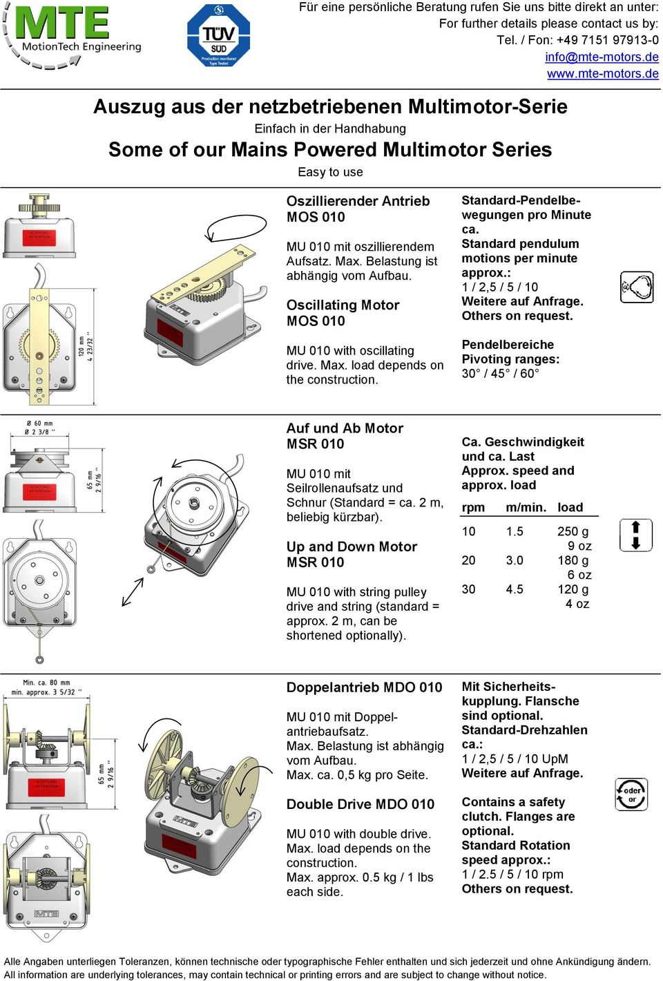 Standard pendulum motions per minute 1 / 2,5 / 5 / 10 Pendelbereiche Pivoting ranges: 30 / 45 / 60 Auf und Ab Motor MSR 010 MU 010 mit Seilrollenaufsatz und Schnur (Standard = ca.
