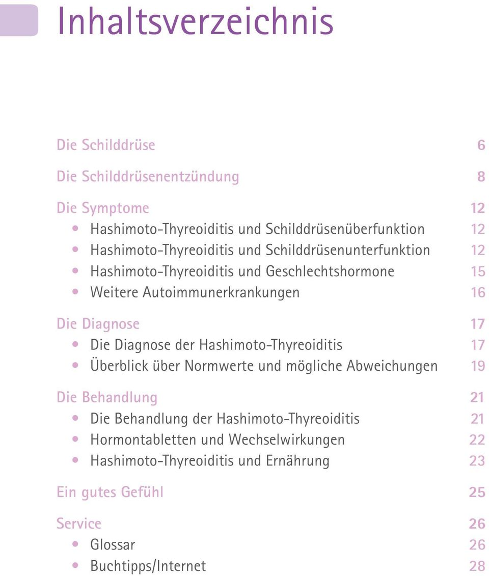 Diagnose 17 Die Diagnose der Hashimoto-Thyreoiditis 17 Überblick über Normwerte und mögliche Abweichungen 19 Die Behandlung 21 Die Behandlung der