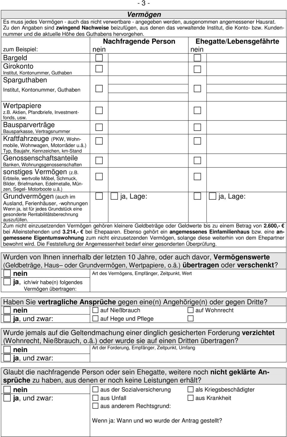 Nachfragende Person zum Beispiel: Bargeld Girokonto Institut, Kontonummer, Guthaben Sparguthaben Institut, Kontonummer, Guthaben Wertpapiere z.b. Aktien, Pfandbriefe, Investmentfonds, usw.