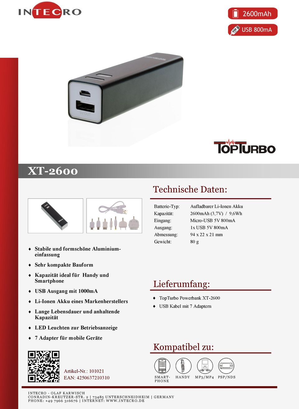 Akku eines Markenherstellers Lange Lebensdauer und anhaltende Kapazität TopTurbo Powerbank XT-2600 USB Kabel mit 7 Adaptern LED