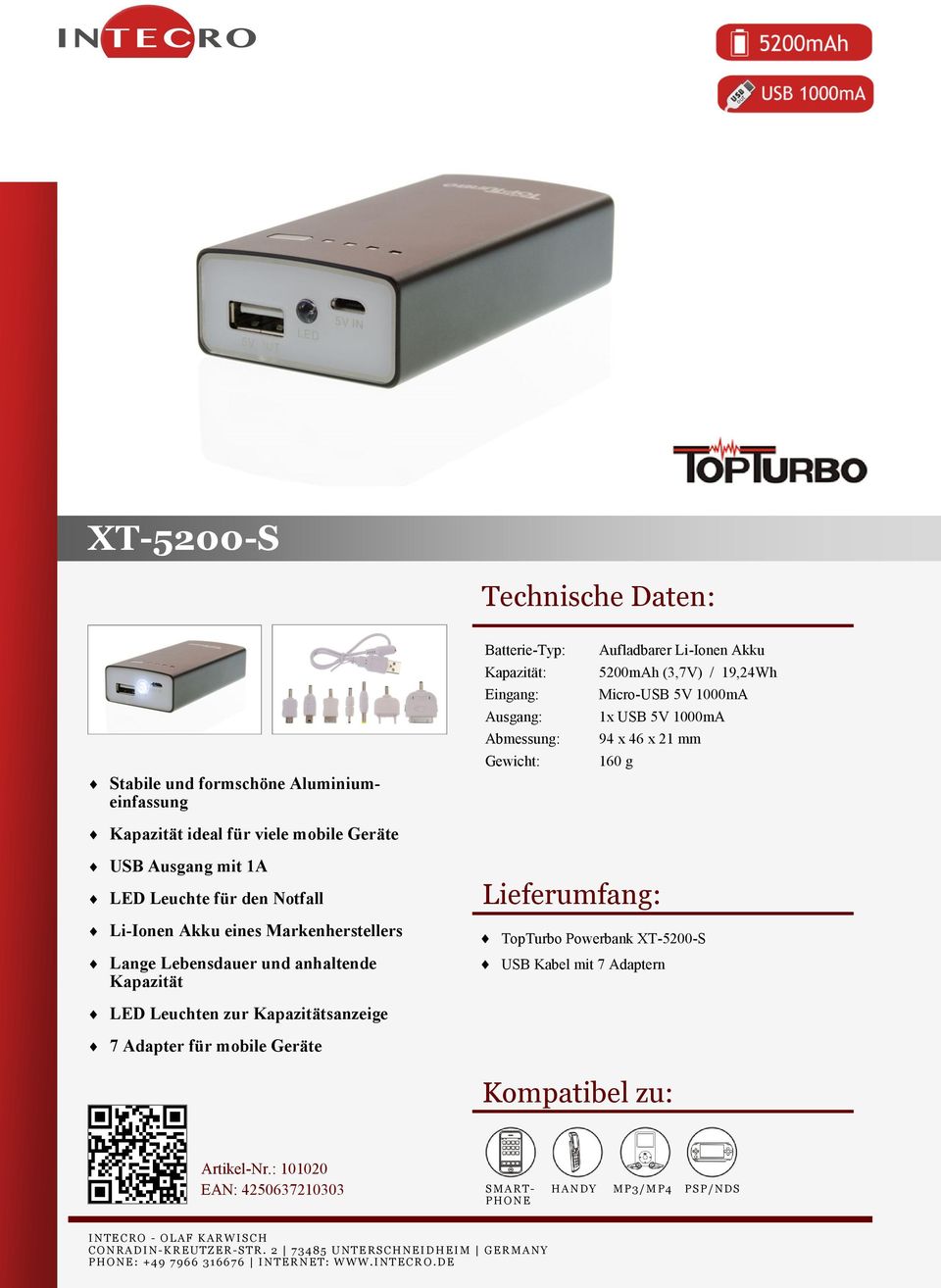 Notfall Li-Ionen Akku eines Markenherstellers Lange Lebensdauer und anhaltende Kapazität TopTurbo Powerbank XT-5200-S USB