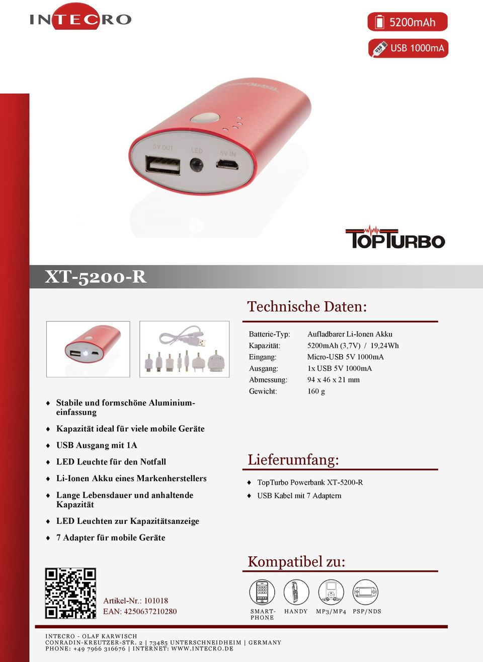 Notfall Li-Ionen Akku eines Markenherstellers Lange Lebensdauer und anhaltende Kapazität TopTurbo Powerbank XT-5200-R USB