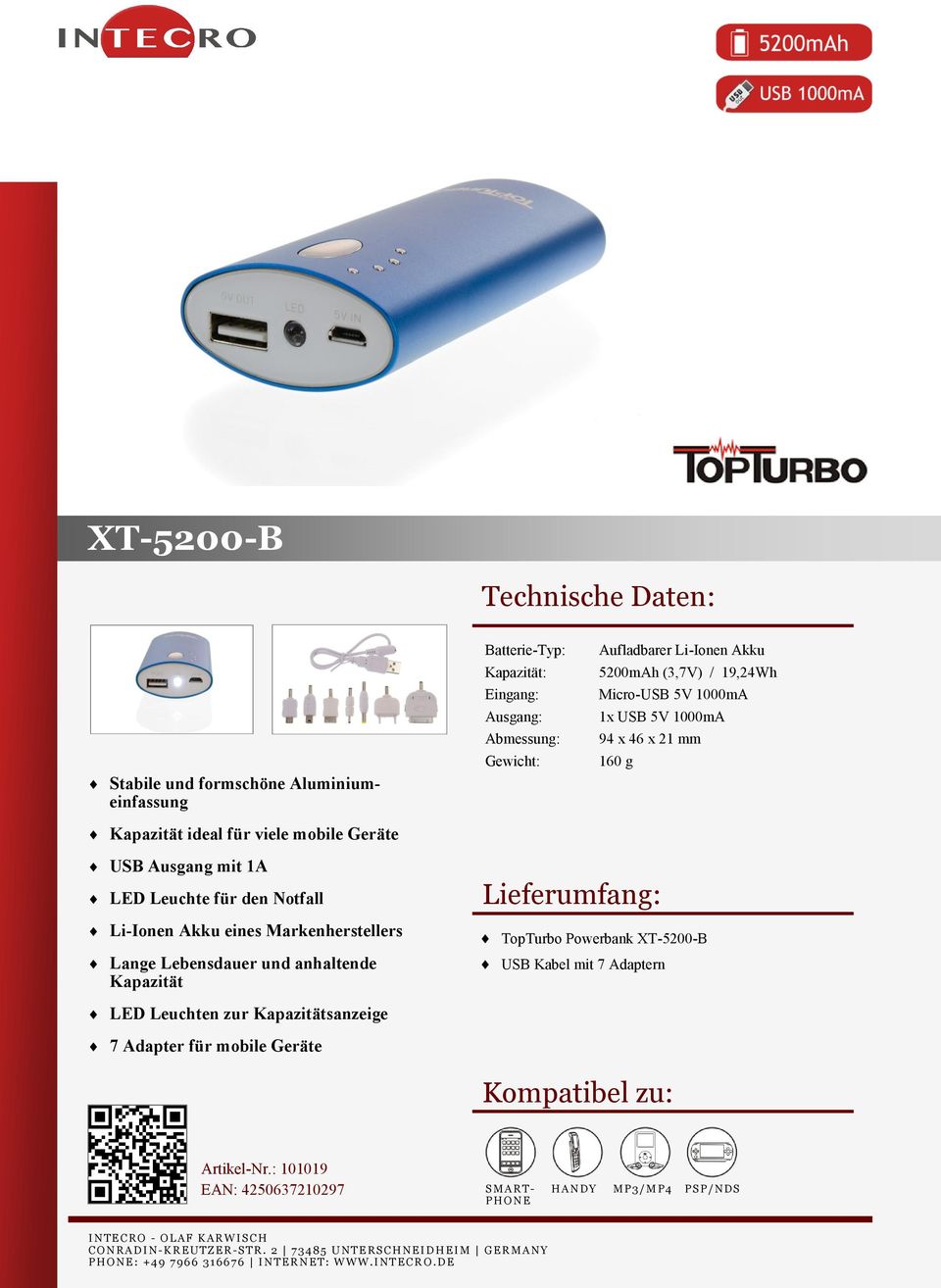 Notfall Li-Ionen Akku eines Markenherstellers Lange Lebensdauer und anhaltende Kapazität TopTurbo Powerbank XT-5200-B USB