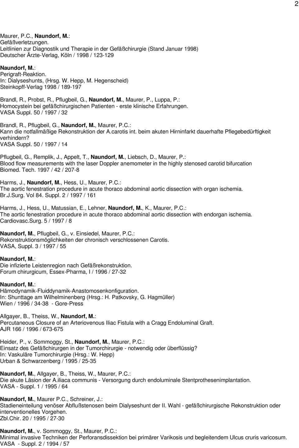 : Homocystein bei gefäßchirurgischen Patienten - erste klinische Erfahrungen. VASA Suppl. 50 / 1997 / 32 Brandl, R., Pflugbeil, G.,, Maurer, P.C.: Kann die notfallmäßige Rekonstruktion der A.