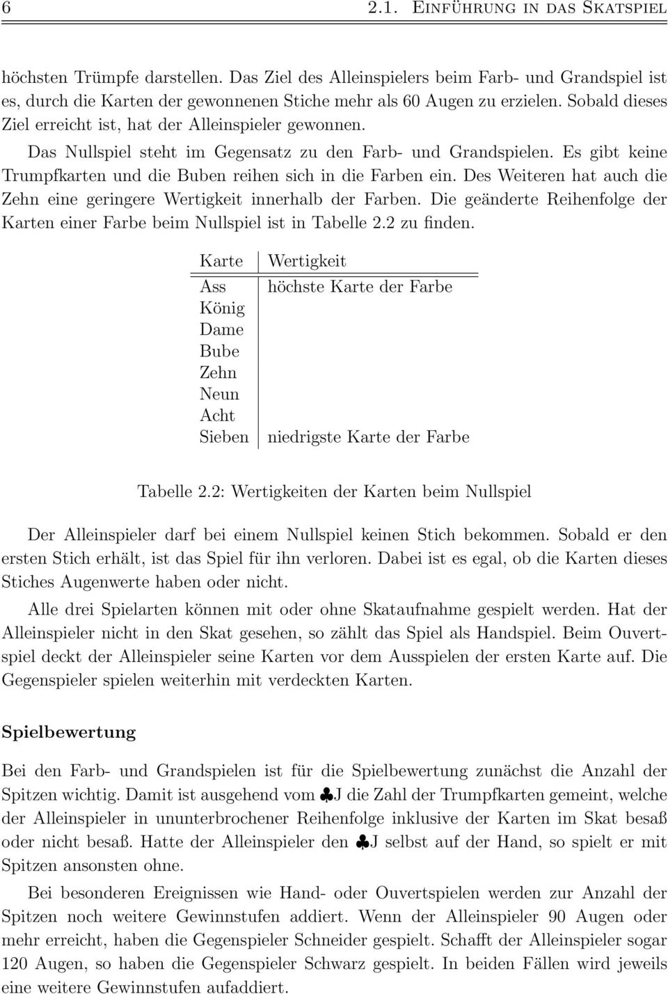 Des Weiteren hat auch die Zehn eine geringere Wertigkeit innerhalb der Farben. Die geänderte Reihenfolge der Karten einer Farbe beim Nullspiel ist in Tabelle 2.2 zu finden.