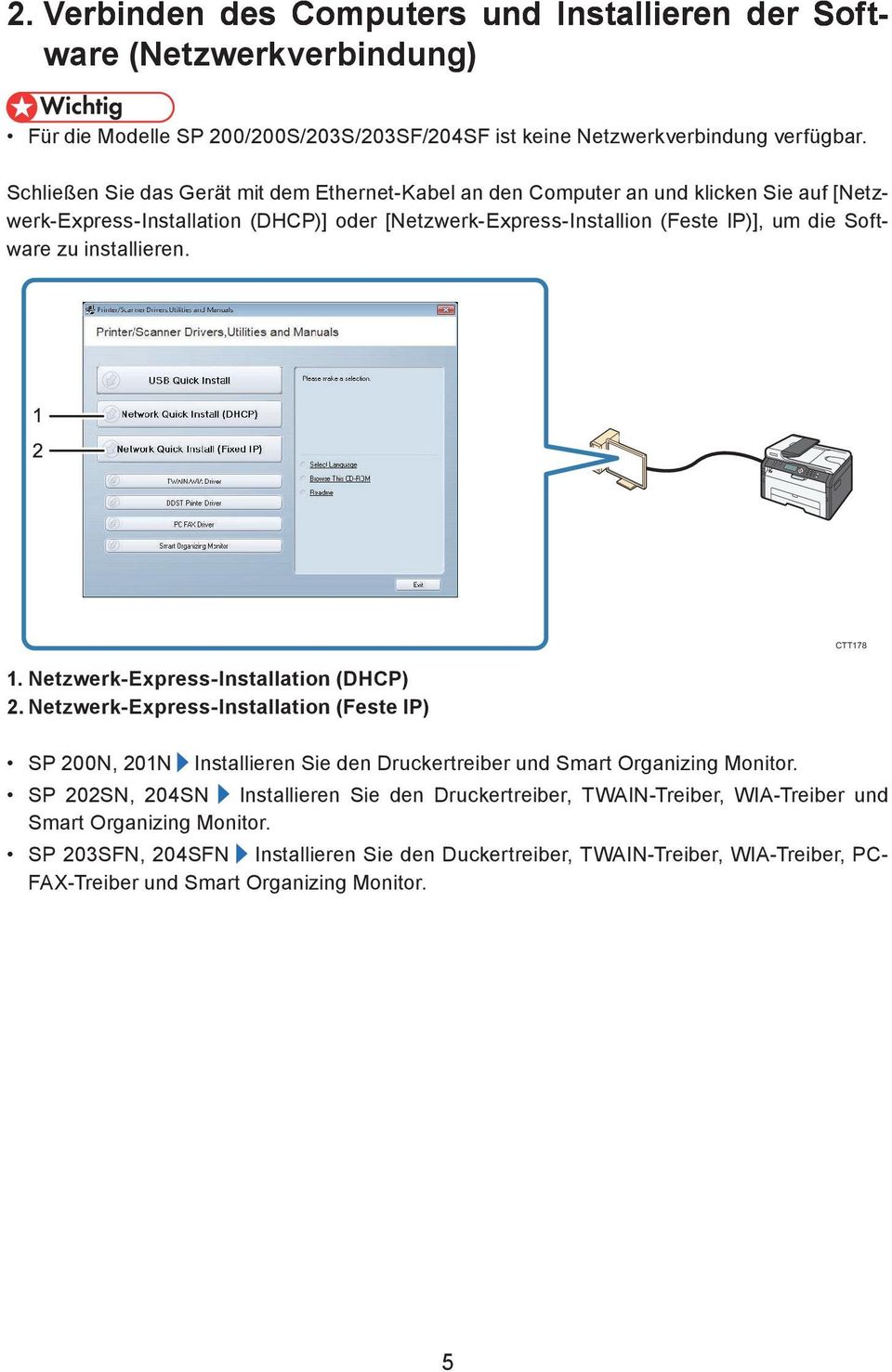installieren. 1. Netzwerk-Express-Installation (DHCP) 2. Netzwerk-Express-Installation (Feste IP) SP 200N, 201N Installieren Sie den Druckertreiber und Smart Organizing Monitor.