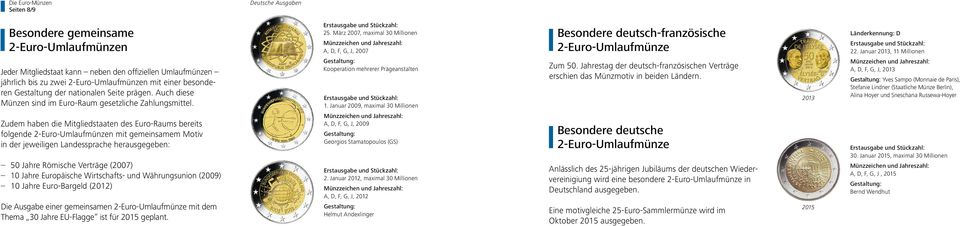Januar 2009, maximal 30 Millionen Besondere deutsch-französische 2-Euro-Umlaufmünze Zum 50. Jahrestag der deutsch-französischen Verträge erschien das Münzmotiv in beiden Ländern.