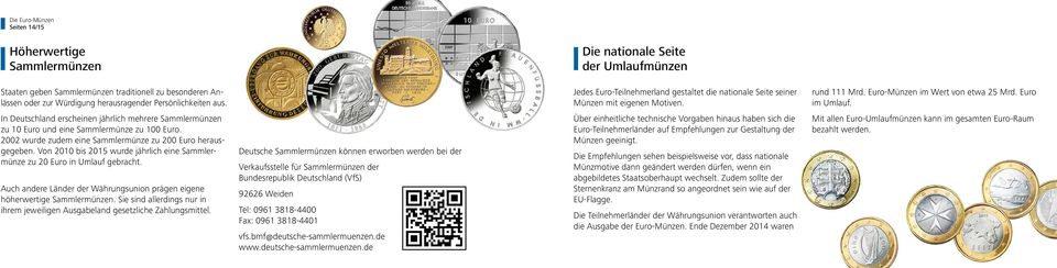 In Deutschland erscheinen jährlich mehrere Sammlermünzen zu 10 Euro und eine Sammlermünze zu 100 Euro. 2002 wurde zudem eine Sammlermünze zu 200 Euro herausgegeben.