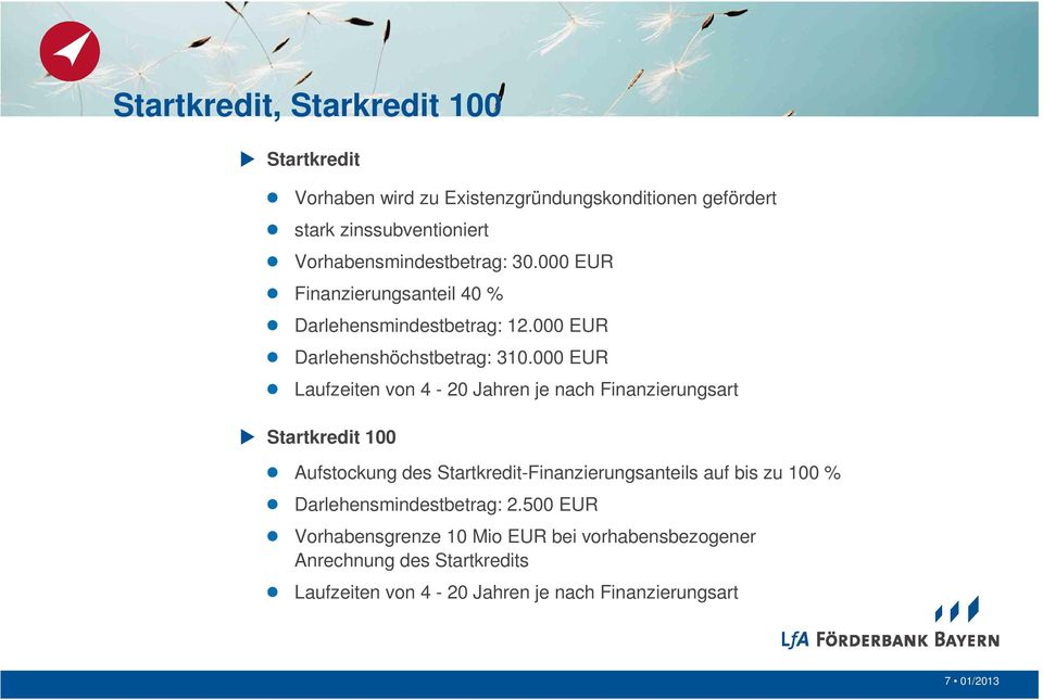 000 EUR Laufzeiten von 4-20 Jahren je nach Finanzierungsart Startkredit 100 Aufstockung des Startkredit-Finanzierungsanteils auf bis zu 100