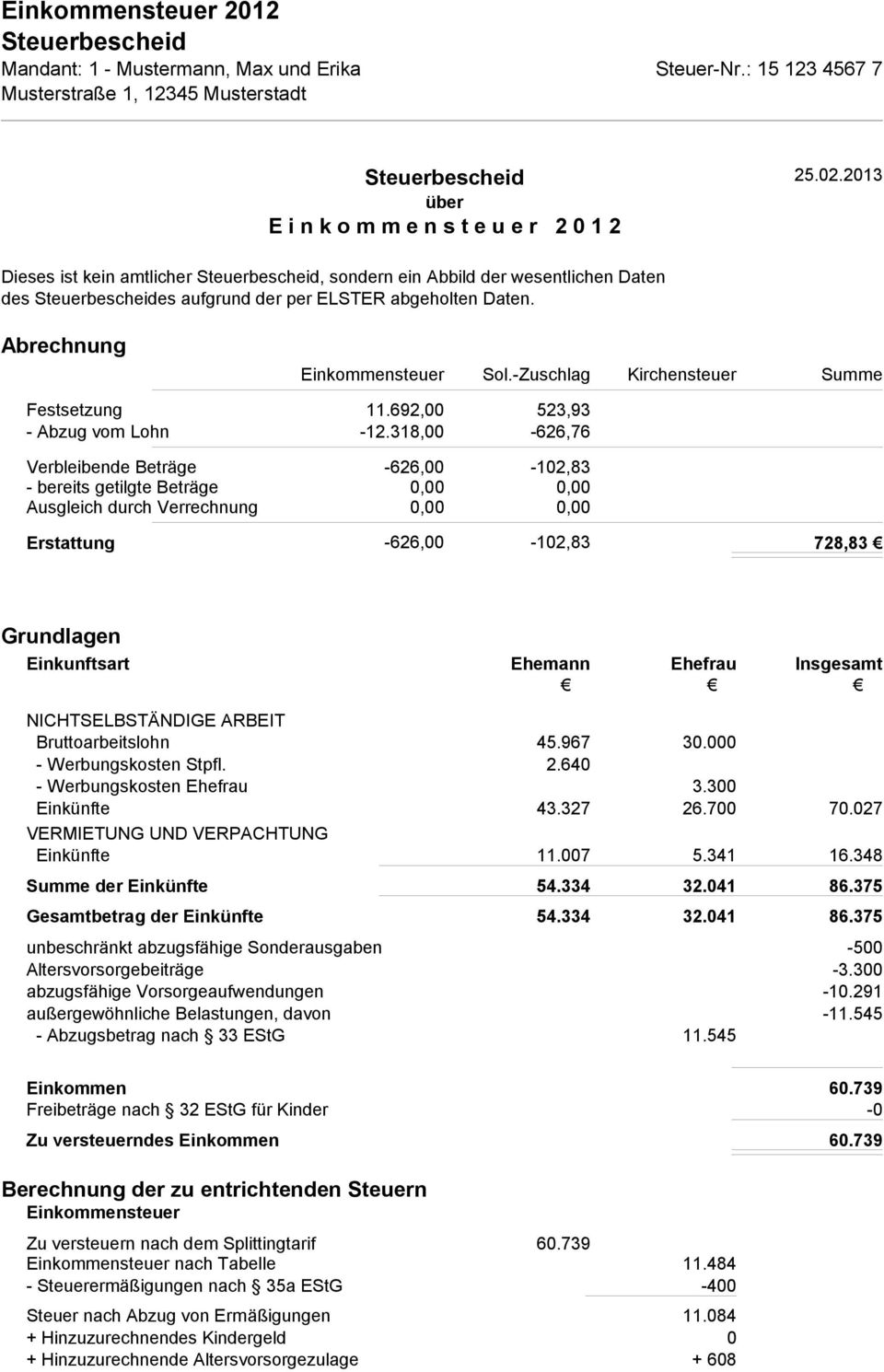 -Zuschlag Kirchensteuer Summe Festsetzung 11.692,00 523,93 - Abzug vom Lohn -12.