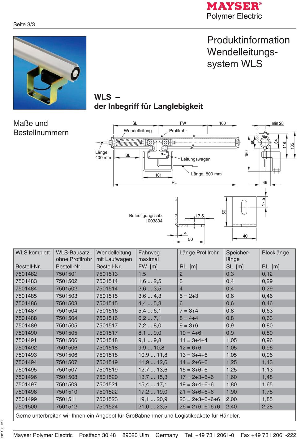0 WLS komplett WLS-Bausatz Wendelleitung Fahrweg Länge Profilrohr Speicherlänge Blocklänge ohne Profilrohr mit Laufwagen maximal Bestell-Nr.