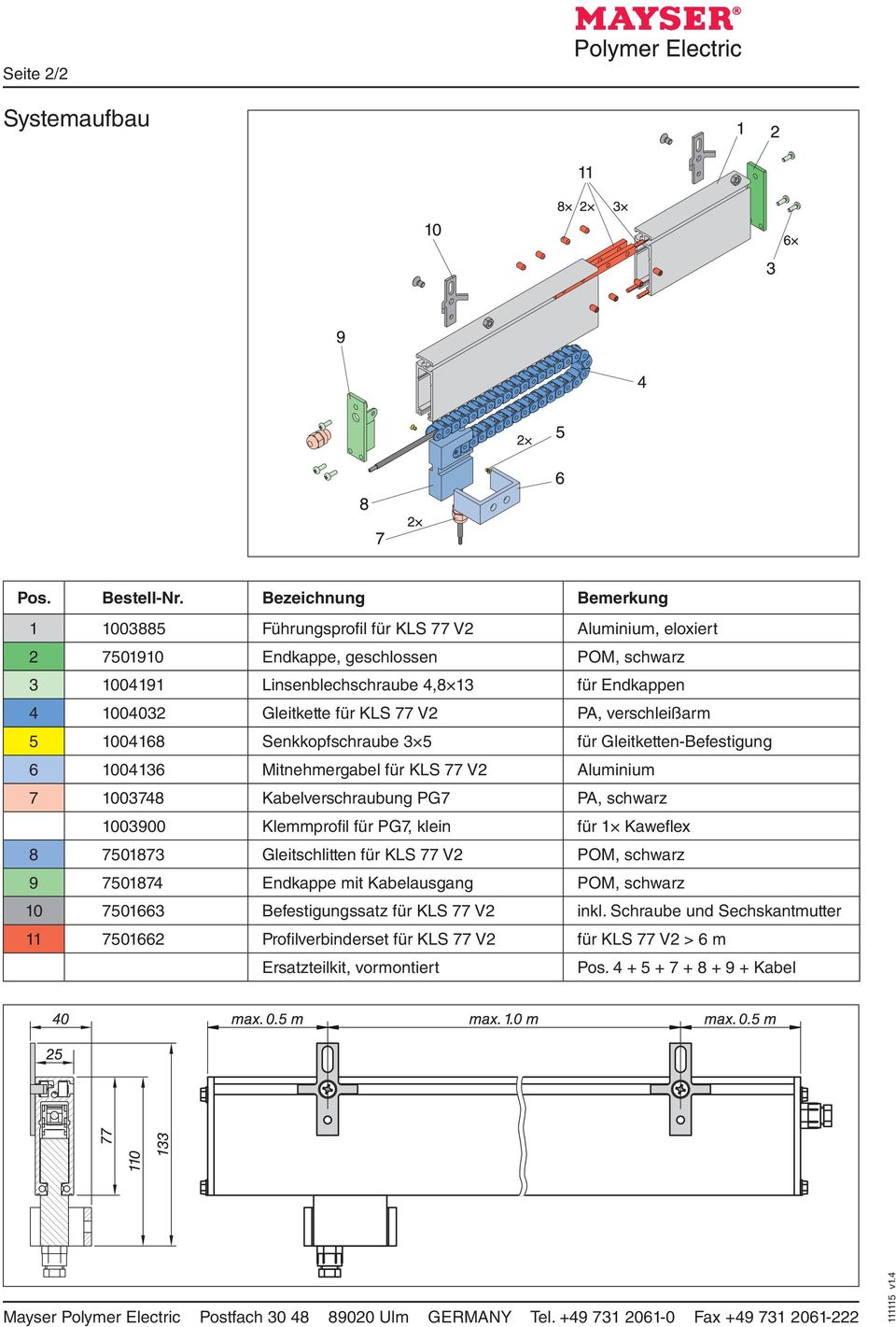 für KLS 77 V2 PA, verschleißarm 5 1004168 Senkkopfschraube 3 5 für Gleitketten-Befestigung 6 1004136 Mitnehmergabel für KLS 77 V2 Aluminium 7 1003748 Kabelverschraubung PG7 PA, schwarz 1003900