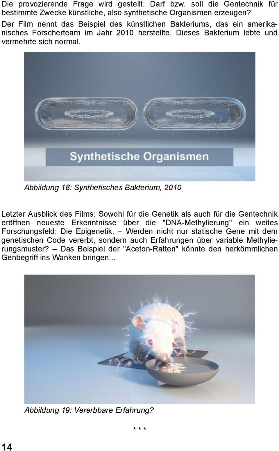 Abbildung 18: Synthetisches Bakterium, 2010 Letzter Ausblick des Films: Sowohl für die Genetik als auch für die Gentechnik eröffnen neueste Erkenntnisse über die "DNA-Methylierung" ein weites