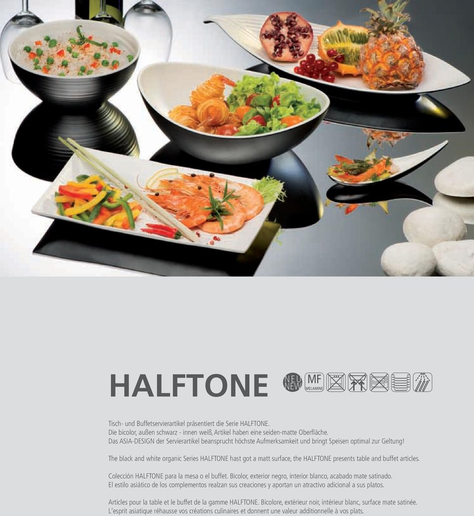 The black and white organic Series HALFTONE hast got a matt surface, the HALFTONE presents table and buffet articles. Colección HALFTONE para la mesa o el buffet.