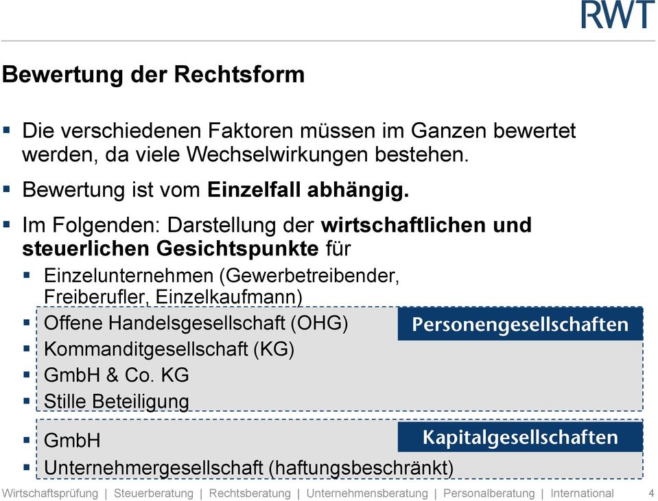 Im Folgenden: Darstellung der wirtschaftlichen und steuerlichen Gesichtspunkte für Einzelunternehmen (Gewerbetreibender, Freiberufler, Einzelkaufmann)