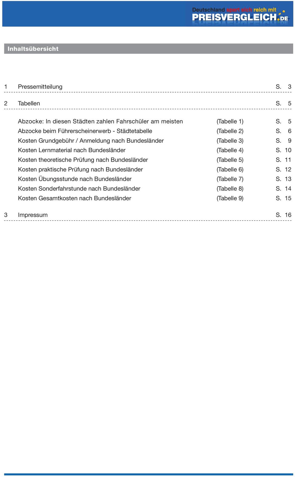 9 Kosten Lernmaterial nach Bundesländer (Tabelle 4) S. 10 Kosten theoretische Prüfung nach Bundesländer (Tabelle 5) S.