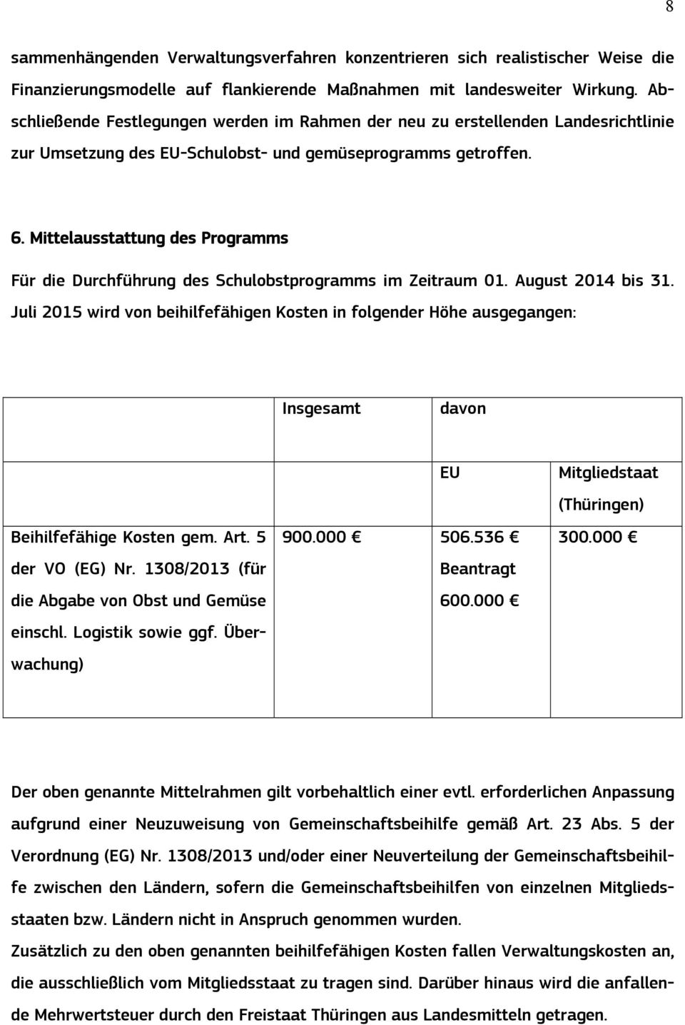 Mittelausstattung des Programms Für die Durchführung des Schulobstprogramms im Zeitraum 01. August 2014 bis 31.