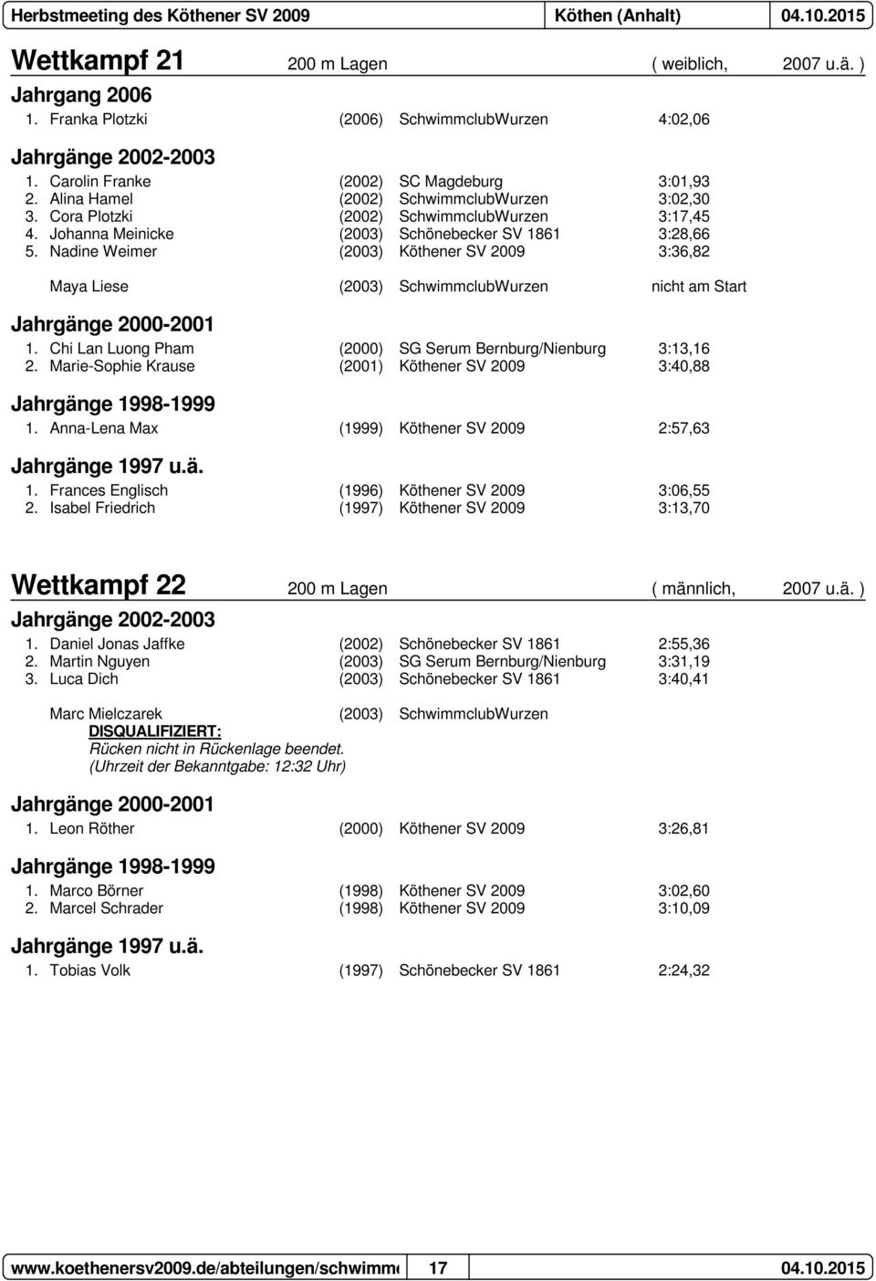 Nadine Weimer (2003) Köthener SV 2009 3:36,82 Maya Liese (2003) SchwimmclubWurzen nicht am Start 1. Chi Lan Luong Pham (2000) SG Serum Bernburg/Nienburg 3:13,16 2.