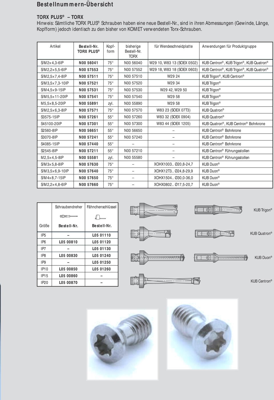 S/M2 4,3-6IP TORX PLUS N00 56041 Kopfform bisherige TORX N00 56040 für Wendeschneidplatte W29 10, W83 13 (SOEX 0502) Anwendungen für Produktgruppe KUB Centron,, KUB Quatron S/M2,2 5,5-6IP S/M2,5