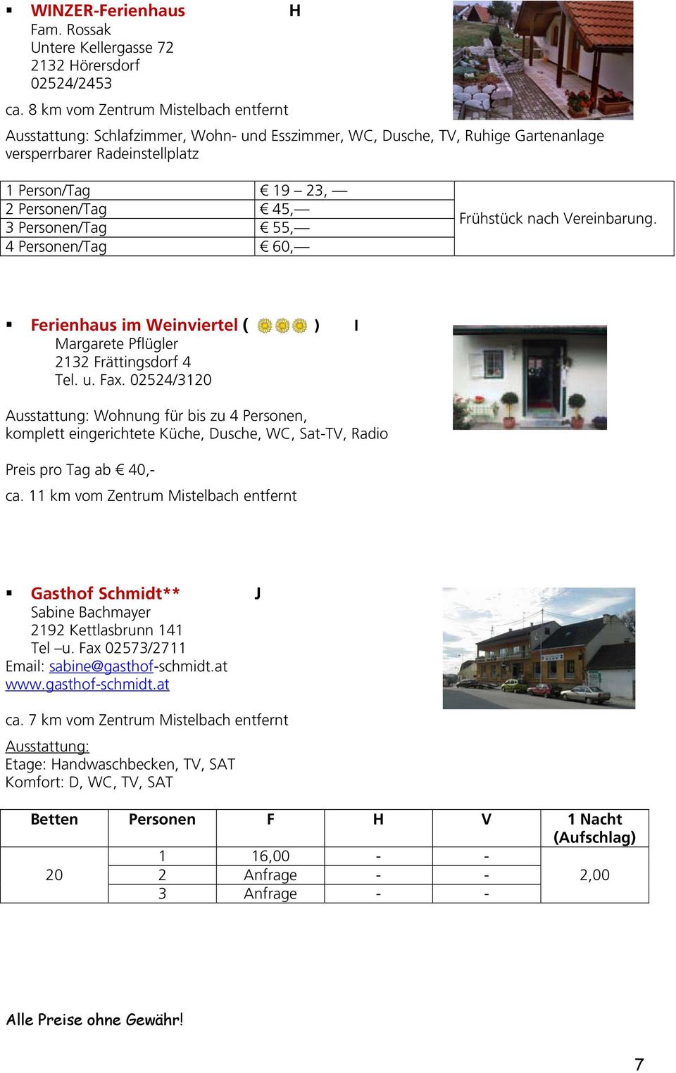 Personen/Tag 55, 4 Personen/Tag 60, Frühstück nach Vereinbarung. Ferienhaus im Weinviertel ( ) I Margarete Pflügler 2132 Frättingsdorf 4 Tel. u. Fax.