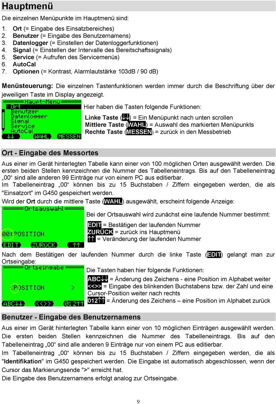 Optionen (= Kontrast, Alarmlautstärke 103dB / 90 db) Menüsteuerung: Die einzelnen Tastenfunktionen werden immer durch die Beschriftung über der jeweiligen Taste im Display angezeigt.