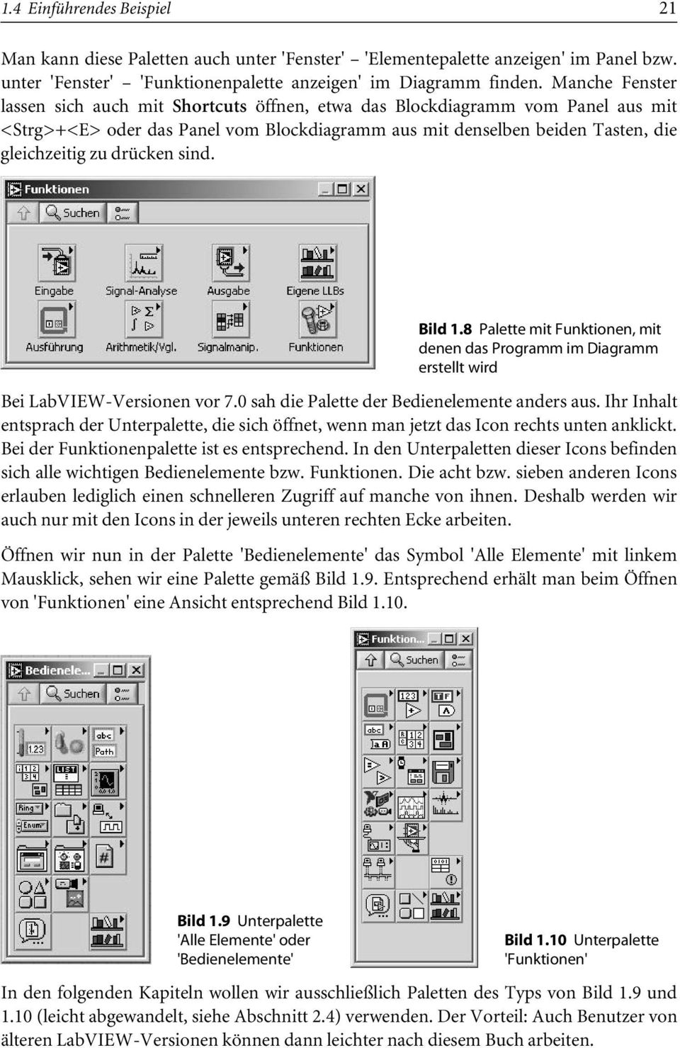 sind. Bild 1.8 Palette mit Funktionen, mit denen das Programm im Diagramm erstellt wird Bei LabVIEW-Versionen vor 7.0 sah die Palette der Bedienelemente anders aus.