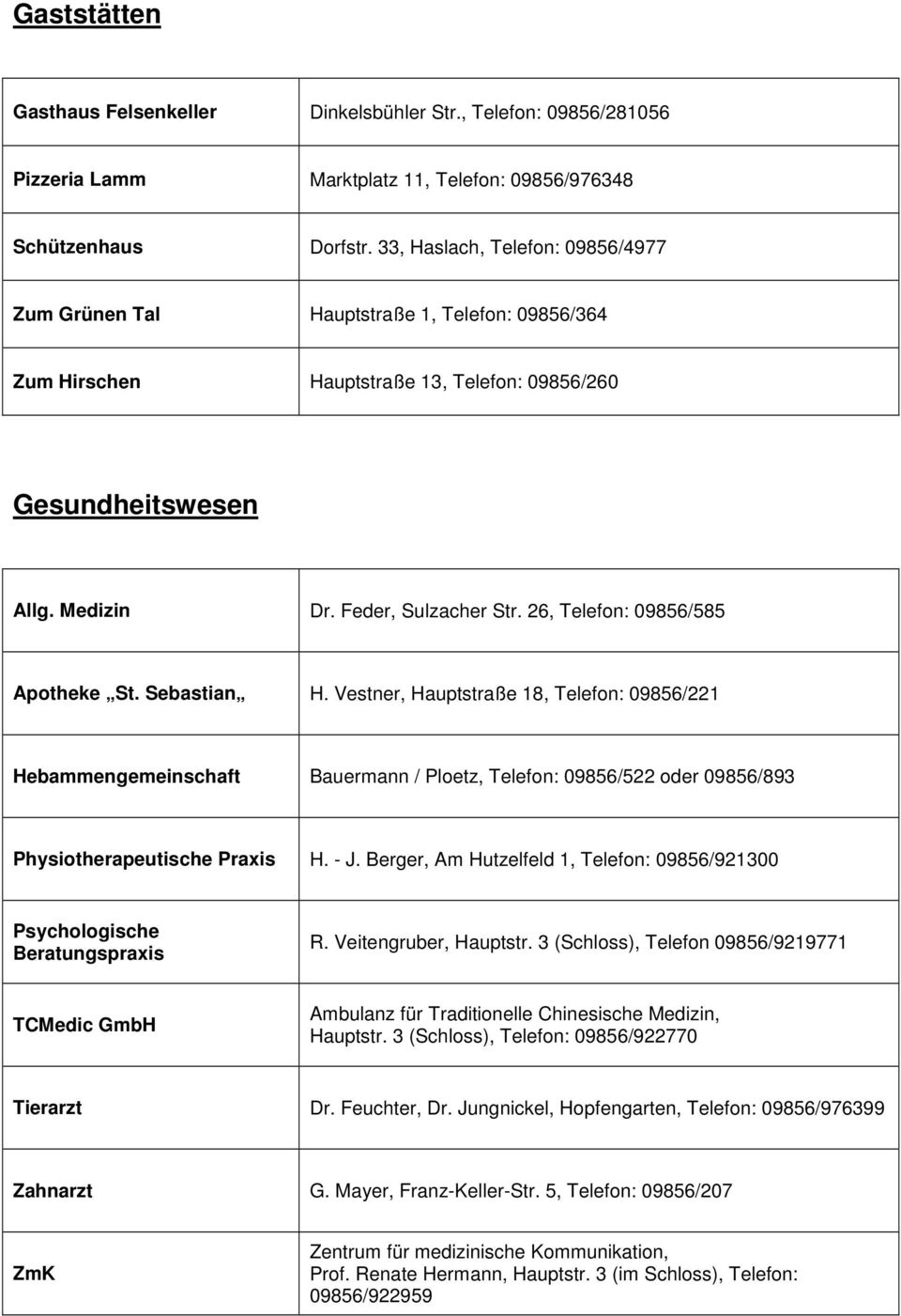 26, Telefon: 09856/585 Apotheke St. Sebastian H. Vestner, Hauptstraße 18, Telefon: 09856/221 Hebammengemeinschaft Bauermann / Ploetz, Telefon: 09856/522 oder 09856/893 Physiotherapeutische Praxis H.