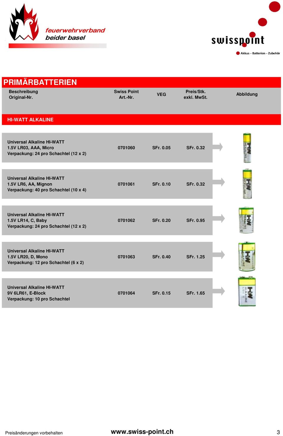 5V LR6, AA, Mignon Verpackung: 40 pro Schachtel (10 x 4) 0701061 SFr. 0.10 SFr. 0.32 Universal Alkaline HI-WATT 1.