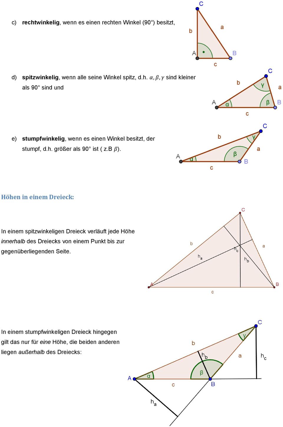 Höhen in einem Dreieck: In einem spitzwinkeligen Dreieck verläuft jede Höhe innerhalb des Dreiecks von einem Punkt bis zur