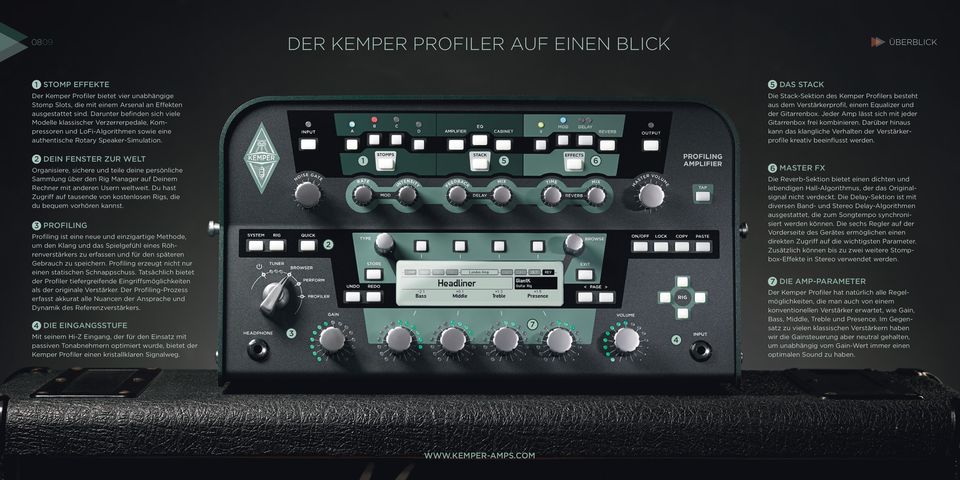 Der Kemper Profiler bietet vier unabhängige Stomp Slots, die mit einem Arsenal an Effekten ausgestattet sind.