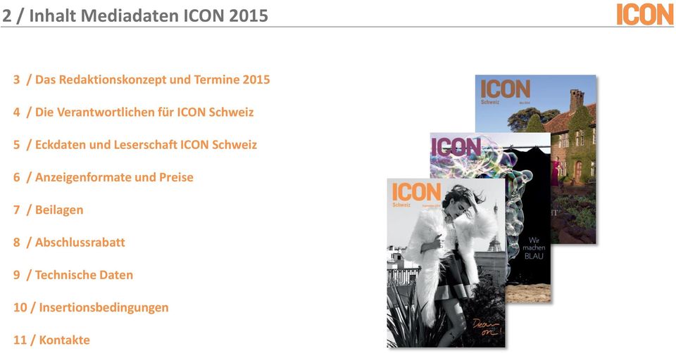 Leserschaft ICON Schweiz 6 / Anzeigenformate und Preise 7 / Beilagen 8