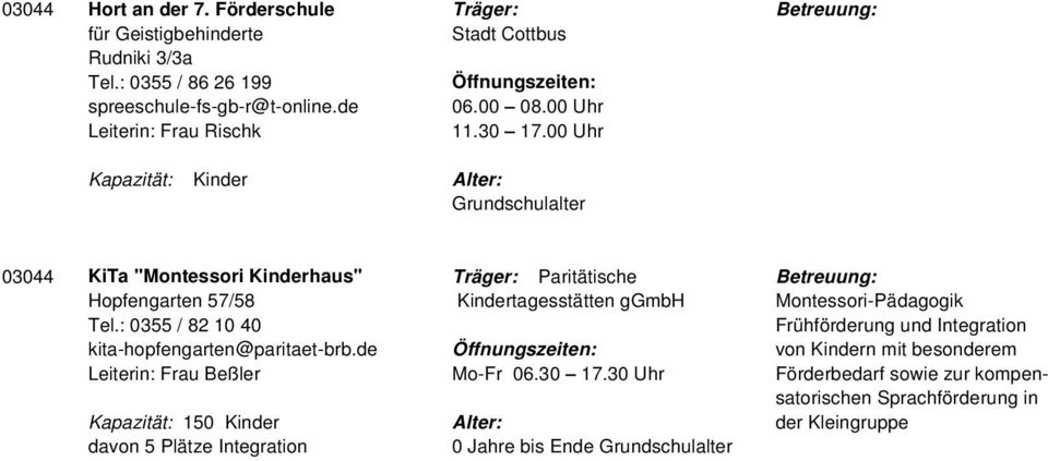 00 Uhr Kapazität: Kinder Alter: Grundschulalter 03044 KiTa "Montessori Kinderhaus" Träger: Paritätische Betreuung: Hopfengarten 57/58 Kindertagesstätten ggmbh Montessori-Pädagogik Tel.