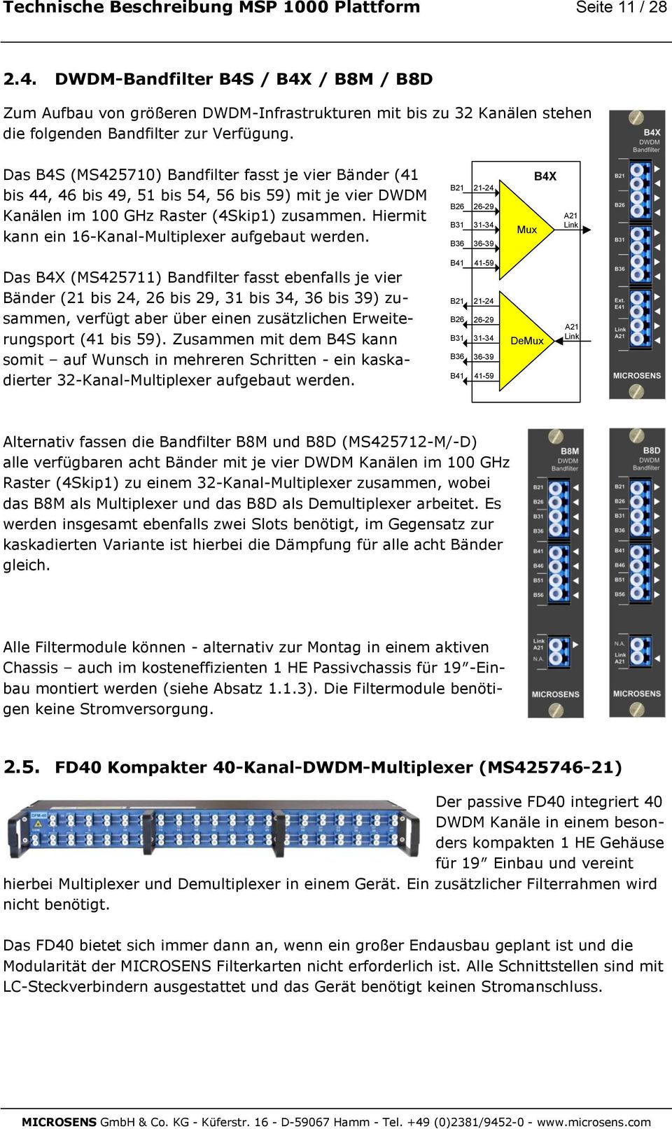 Das B4S (MS425710) Bandfilter fasst je vier Bänder (41 bis 44, 46 bis 49, 51 bis 54, 56 bis 59) mit je vier DWDM Kanälen im 100 GHz Raster (4Skip1) zusammen.