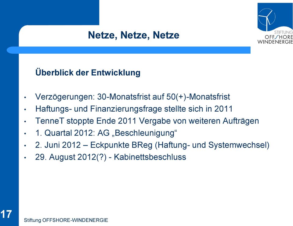 stoppte Ende 2011 Vergabe von weiteren Aufträgen 1. Quartal 2012: AG Beschleunigung 2.