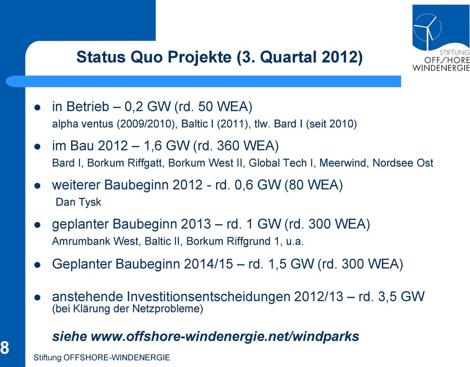 360 WEA) Bard I, Borkum Riffgatt, Borkum West II, Global Tech I, Meerwind, Nordsee Ost weiterer Baubeginn 2012 - rd.