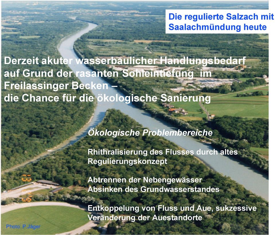 Problembereiche Rhithralisierung des Flusses durch altes Regulierungskonzept Abtrennen der Nebengewässer