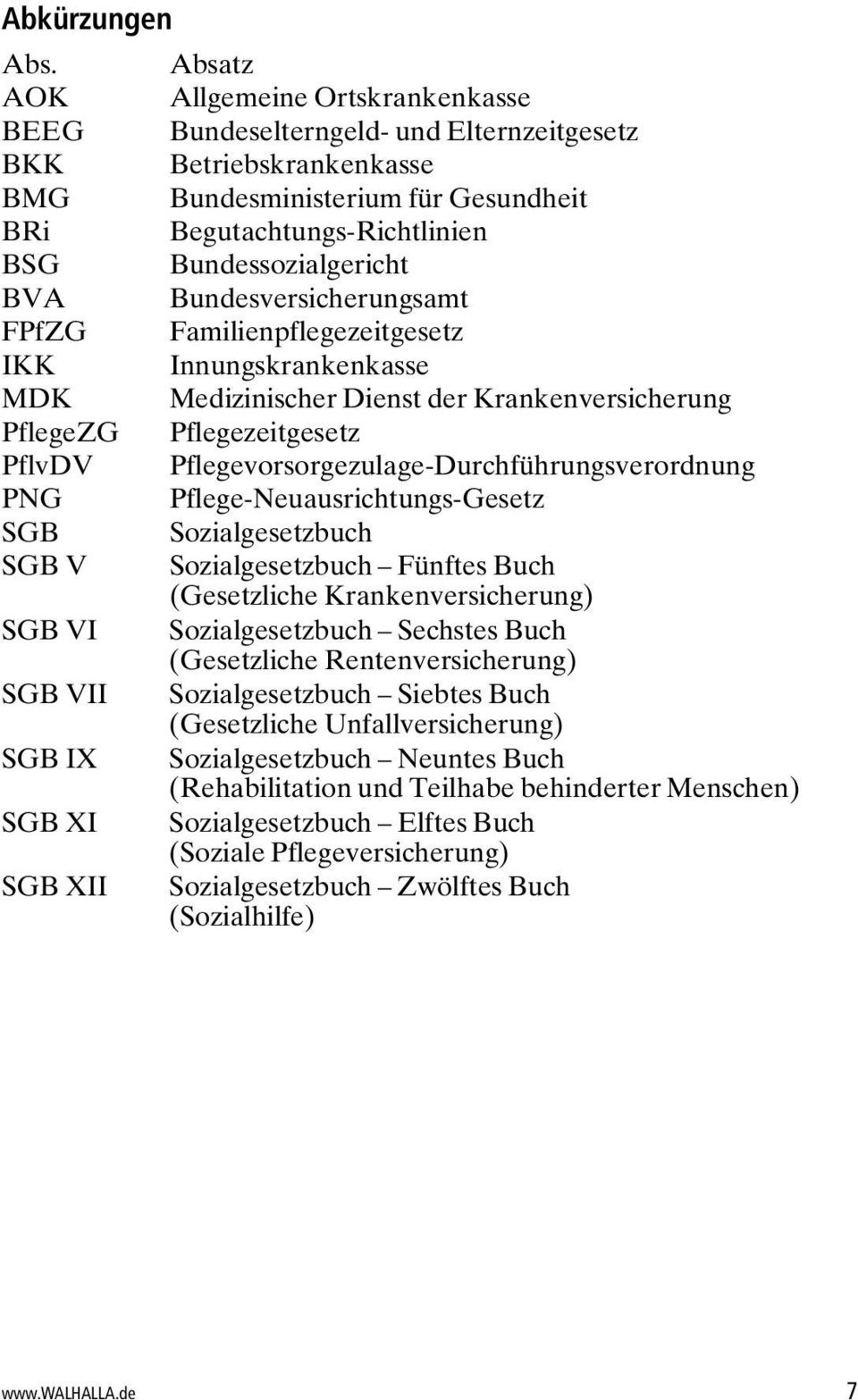 BVA Bundesversicherungsamt FPfZG Familienpflegezeitgesetz IKK Innungskrankenkasse MDK Medizinischer Dienst der Krankenversicherung PflegeZG Pflegezeitgesetz PflvDV