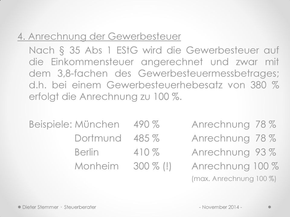 Beispiele: München 490 % Anrechnung 78 % Dortmund 485 % Anrechnung 78 % Berlin 410 % Anrechnung 93 %